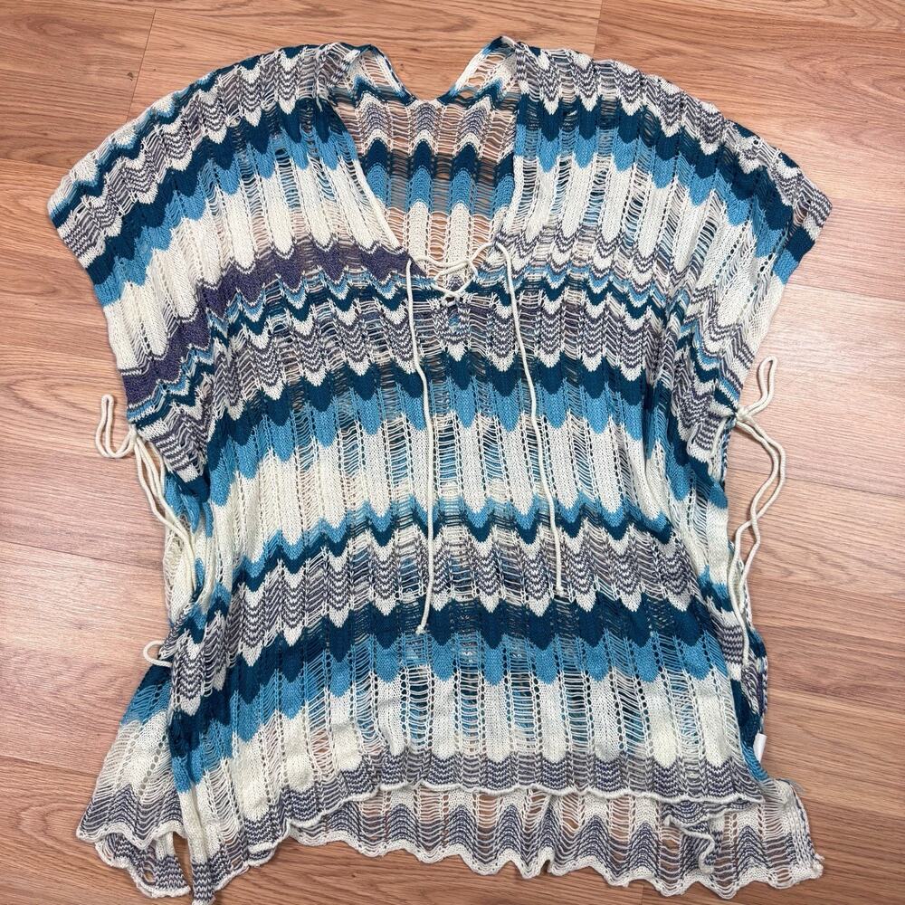 Womens Crochet Beach Cover Up Shawl Poncho White Blue Festival Boho Hippie